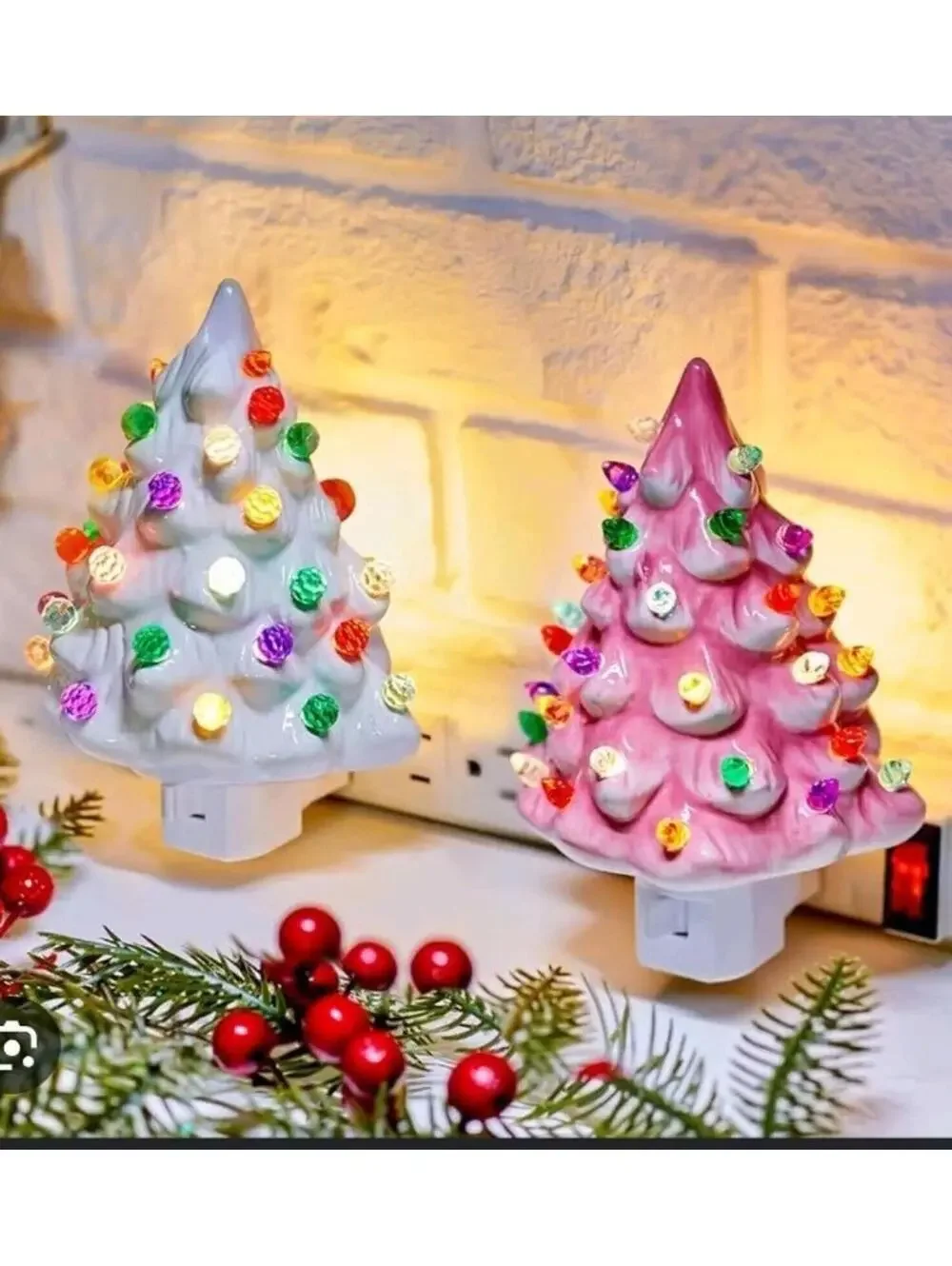 Christmas tree ceramic plugin nightlight pink and white